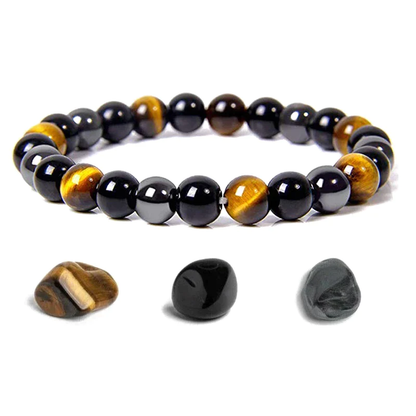 Tigerauge Armband, schwarze und goldene Perlen, Schmuck, Edelstein, Unisex Accessoire