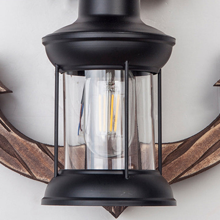 Schwarze LED-Laterne mit Holzanker, maritimes Design, Wanddekoration, Vintage-Stil.