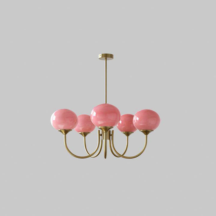 Rosa Kronleuchter mit goldenen Armen, modernes Design, Glaslampen, Wohnzimmerbeleuchtung.