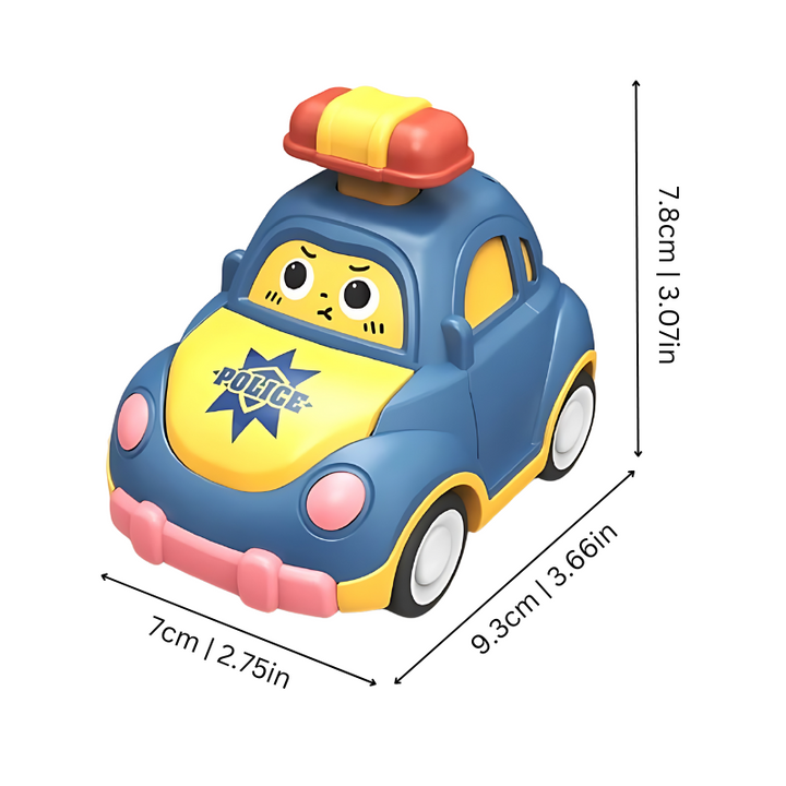 Blaues Polizeiauto-Spielzeug mit gelbem Dachgepäckträger, Maße: 9,3x7x7,8 cm.
