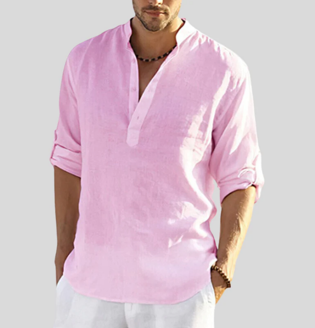 Männer Leinenhemd rosa, Stehkragen, lässig, langarm, Sommermode, elegant.