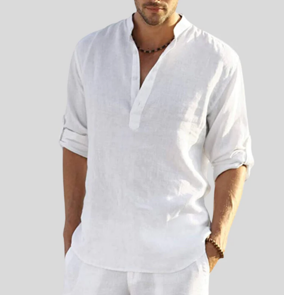 Weißes Leinenhemd für Herren mit Stehkragen, elegant, langärmlig, Sommermode.