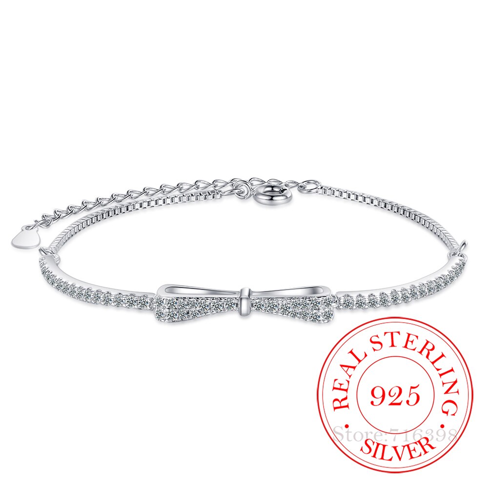 Silberarmband mit Schleife, Zirkonia, verstellbar, 925 Sterling Silber, Damen-Schmuck.