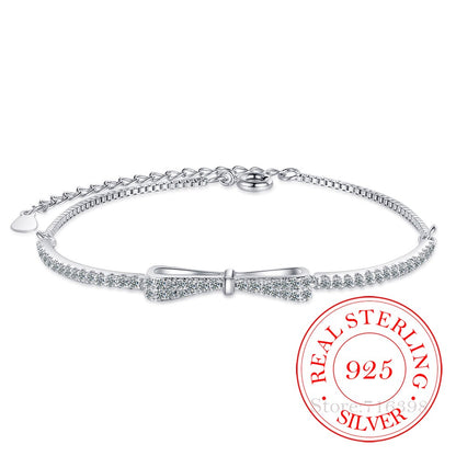 Silberarmband mit Schleife, Zirkonia, verstellbar, 925 Sterling Silber, Damen-Schmuck.