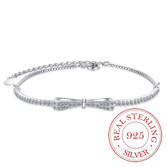 Silberarmband mit Schleife, Zirkonia, verstellbar, 925 Sterling Silber, Damen-Schmuck.