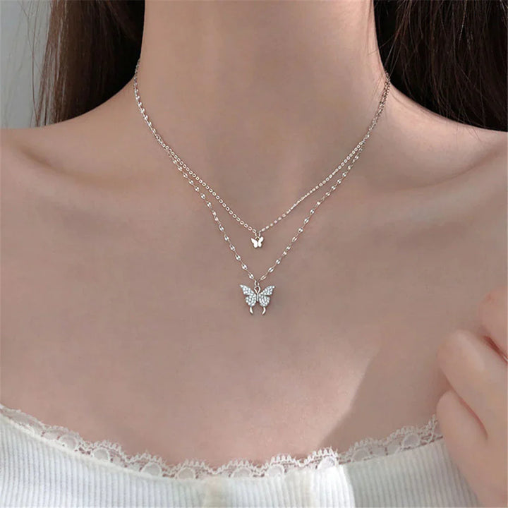 Doppelte Schmetterlingskette, Silber, Damen, modisch, eleganter Schmuck, Halskette, Geschenkidee.