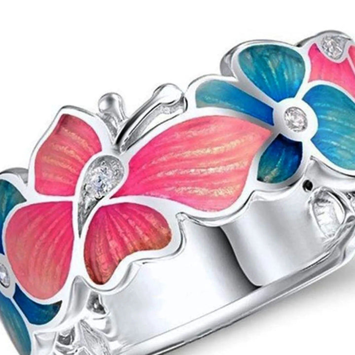 Silberring mit buntem Schmetterlingsdesign, Emaille, Damenring, Schmuck, modisch, elegant.