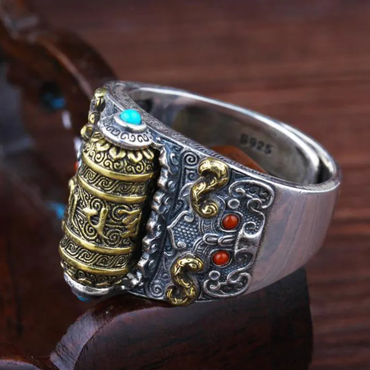 Silberring mit tibetischem Gebetsrad, Türkis und Koralle, handgefertigt, Unisex-Schmuck.