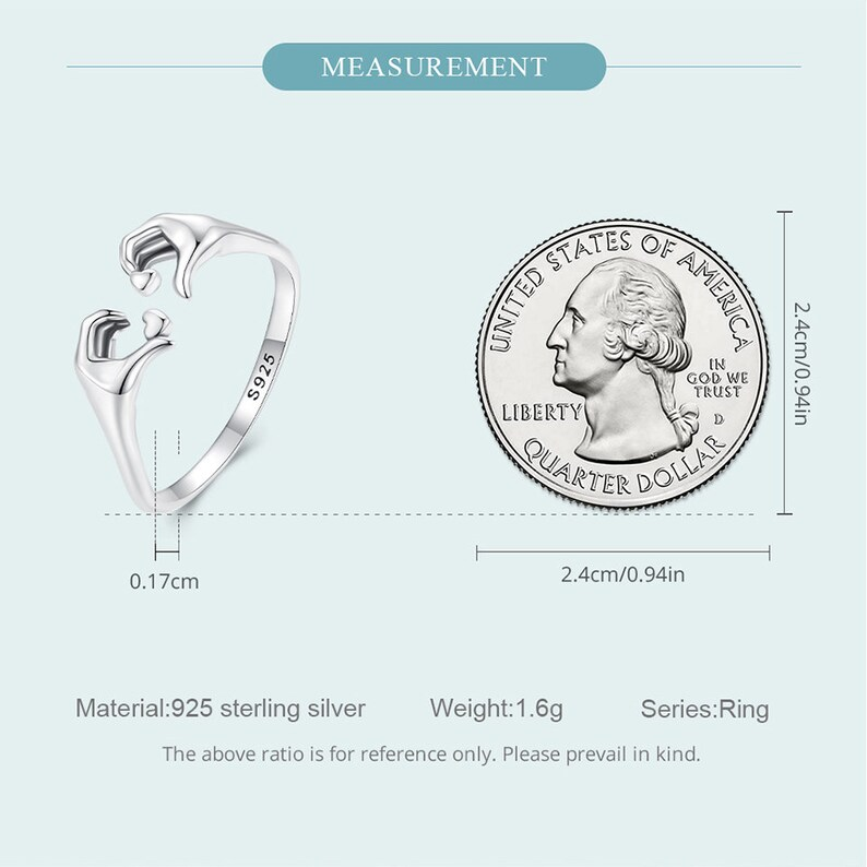 Silberring 925 Sterling, verstellbar, 1,6g, neben US-Quarter, Schmuckdesign, Größenvergleich.