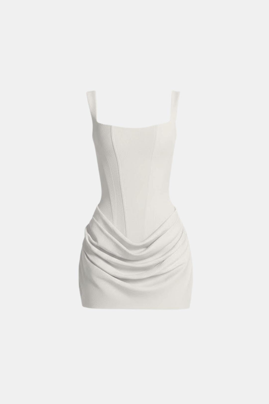 Boned Bodice Mini Dress with Square Neck Cowl Skirt Lace-Up Back 8