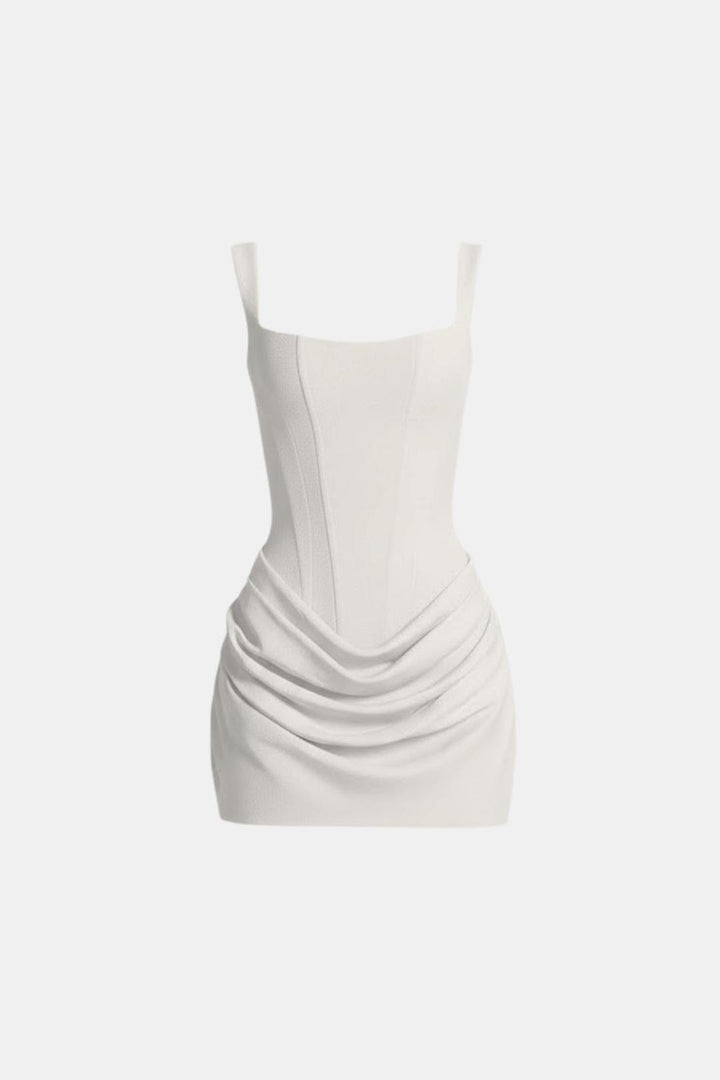 Boned Bodice Mini Dress with Square Neck Cowl Skirt Lace-Up Back 8
