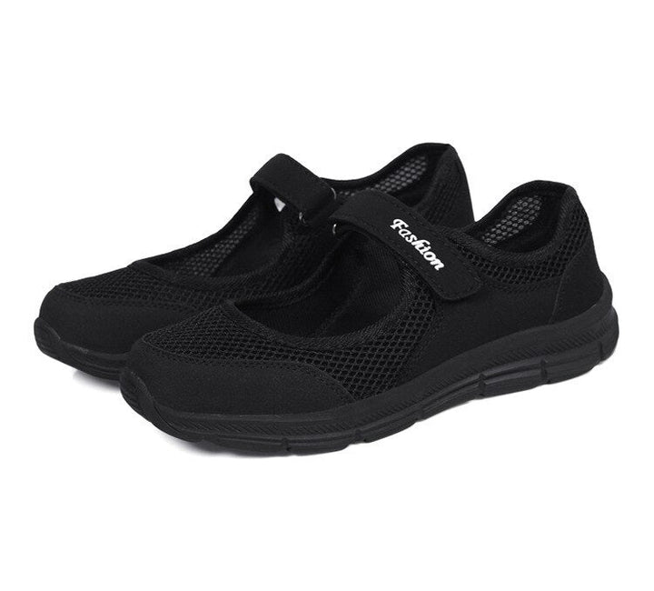 Schwarze Mesh-Sneaker, atmungsaktiv, bequem, Damen, Klettverschluss, modisch.