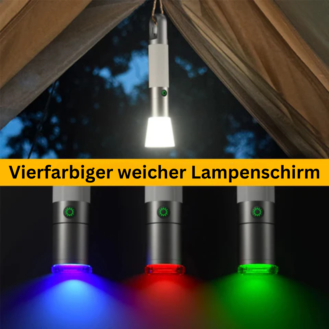 Vierfarbige LED-Campinglampe, hängend, schwarz, für Outdoor-Abenteuer, Zeltbeleuchtung.