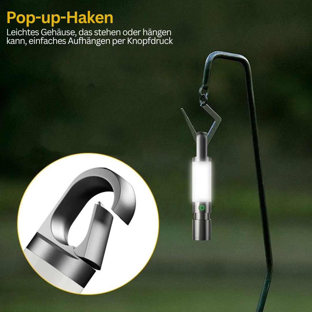 Tragbare LED-Laterne mit Pop-up-Haken, schwarz, für Camping und Outdoor-Aktivitäten.