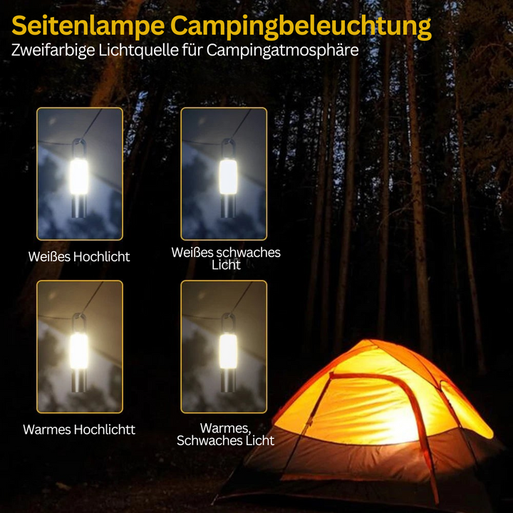Zelt mit beleuchteter Campinglampe im Wald, zweifarbiges Licht, Outdoor-Campingbeleuchtung.