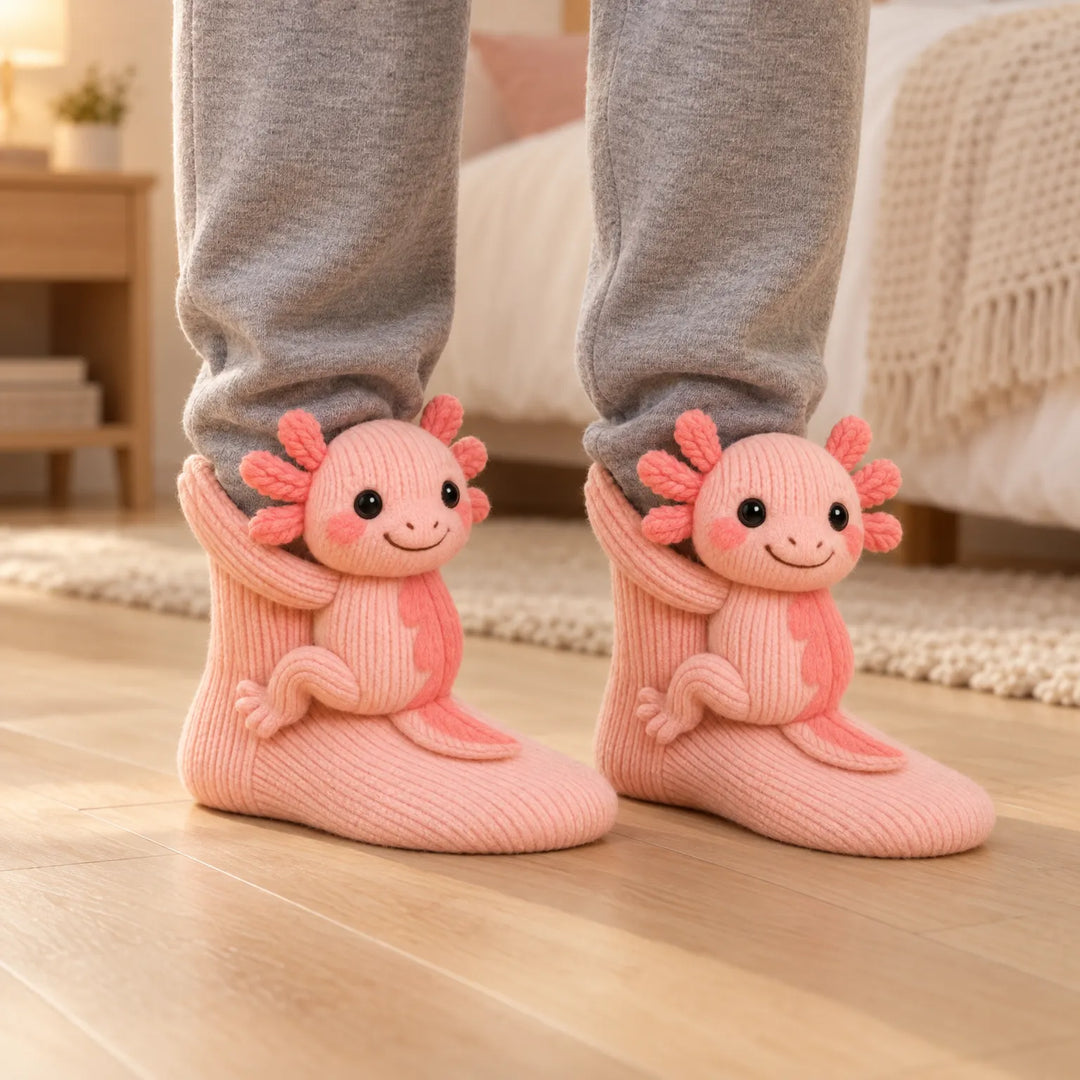 Dvě růžové pletené ponožky s 3D axolotlem, nasazené na nohou v šedých teplákách v ložnici 1