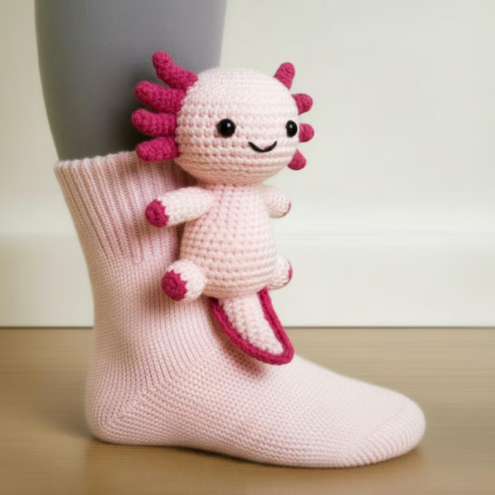 Světle růžová ponožka s háčkovaným 3D axolotlem se sytě růžovými žábrami a ocasem 10