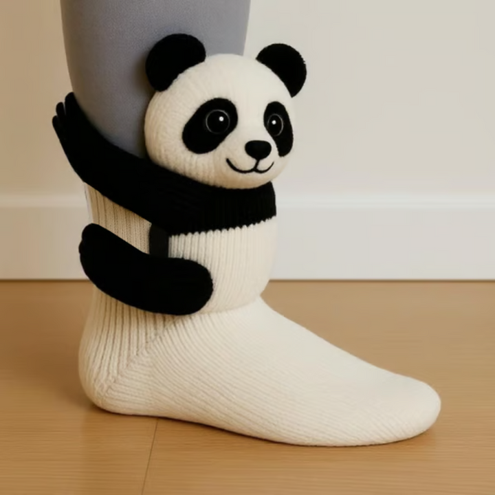 Bílá pletená ponožka s 3D pandou, jejíž černé ruce objímají nohu 6