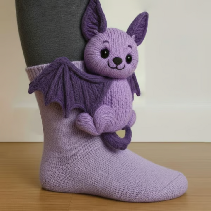 Fialová pletená ponožka s 3D netopýrem s tmavšími křídly a špičatýma ušima 8