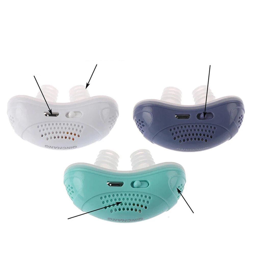 Drei Micro-CPAP-Geräte gegen Schlafapnoe, tragbar, in Weiß, Blau und Türkis.