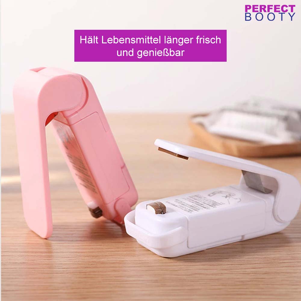 Tragbare Mini-Wärme-Taschenversiegelungsmaschine, rosa und weiß, für Lebensmittelverpackungen.