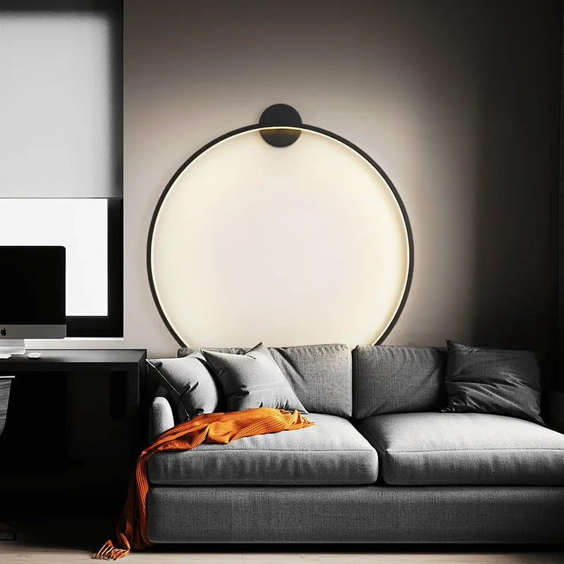 Minimalistische LED-Wandlampe, schwarzer Kreis, moderne Wohnzimmerbeleuchtung, Innenraumdekor.