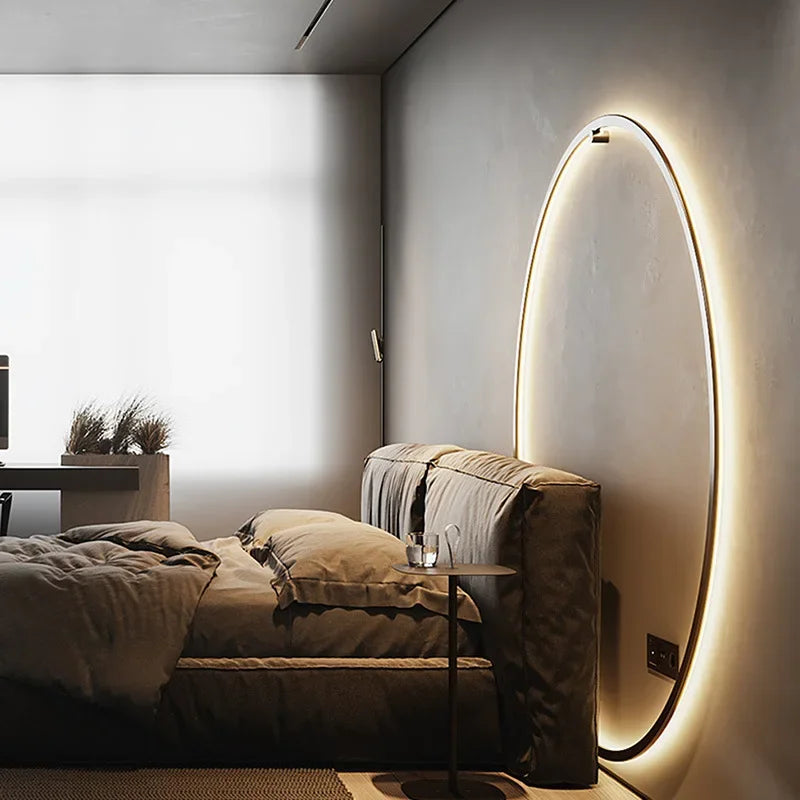 Minimalistische schwarze LED-Wandlampe, runder Hintergrund, modernes Innendekor, Schlafzimmer.