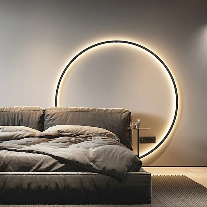 Minimalistische schwarze LED-Kreis-Wandlampe, moderne Schlafzimmer-Dekoration, Hintergrundbeleuchtung.