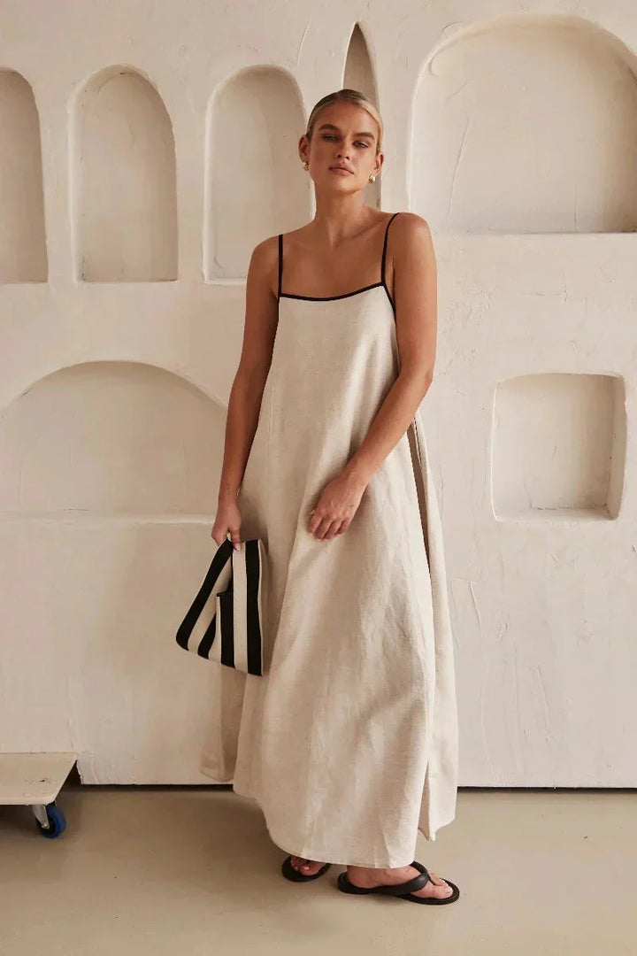 Bezešvá béžová Boho maxi šaty v lněném vzhledu – Elin