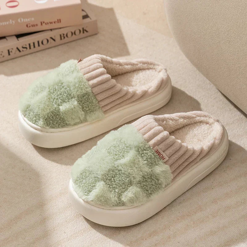 Grüne karierte Baumwollhausschuhe, dicke weiche Sohle, unisex, warm, indoor, Wintermode.