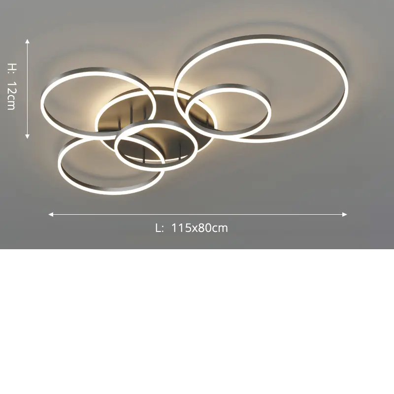 Rozměrové schéma rozsvíceného svítidla se šesti prstenci, 115 × 80 cm a výška 12 cm 10