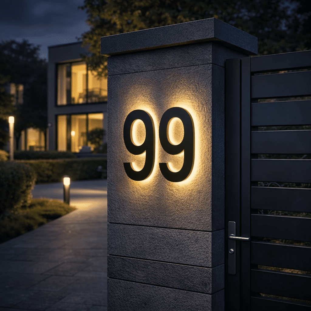 Dvě podsvícená černá čísla 99 na kamenném sloupku branky při večerním osvětlení u moderního domu. 2
