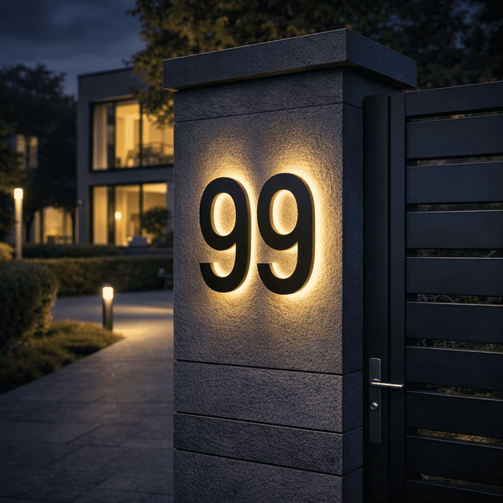 Dvě podsvícená černá čísla 99 na kamenném sloupku branky při večerním osvětlení u moderního domu. 2