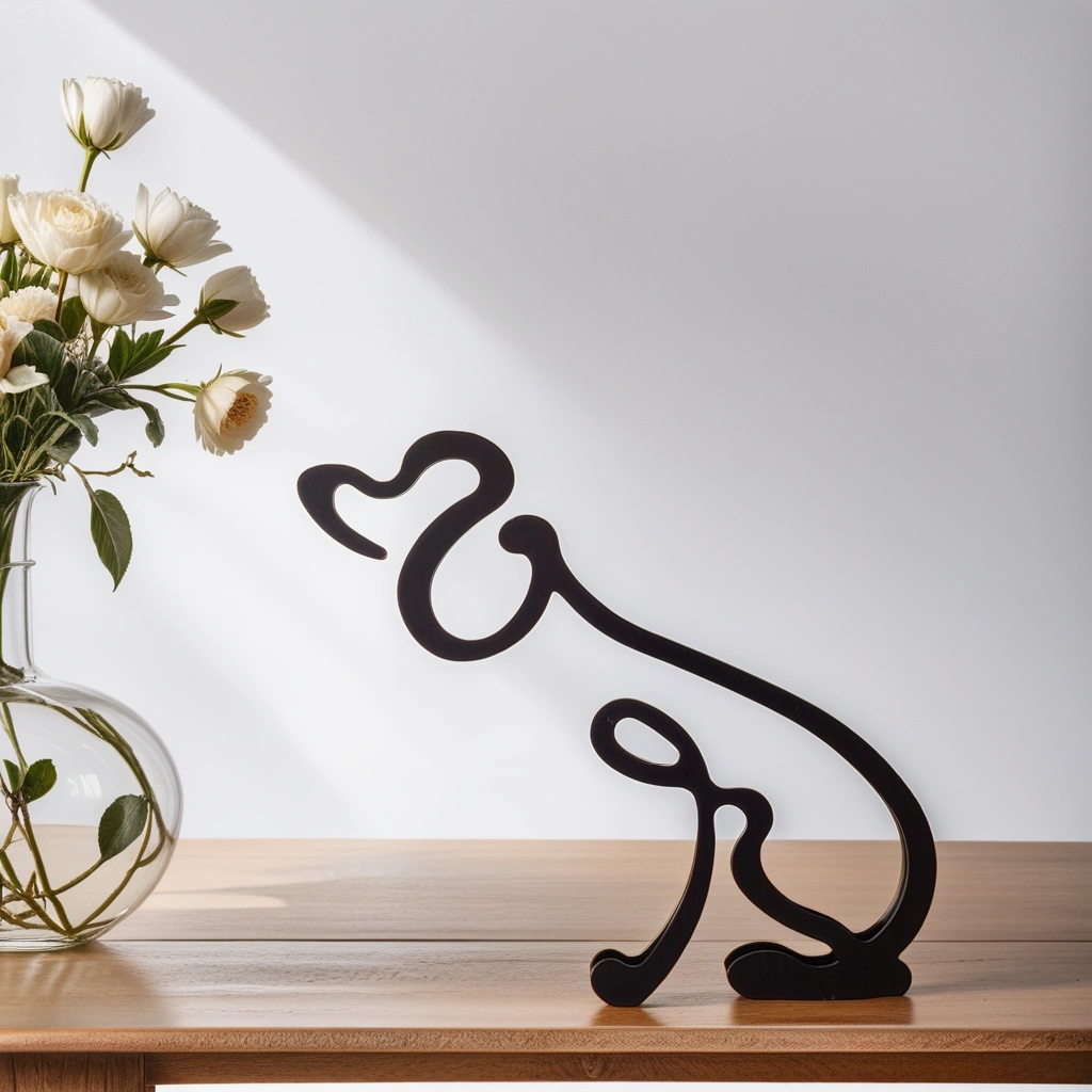 Schwarze abstrakte Hundeskulptur aus Metall auf Holztisch neben Vase mit weißen Blumen.