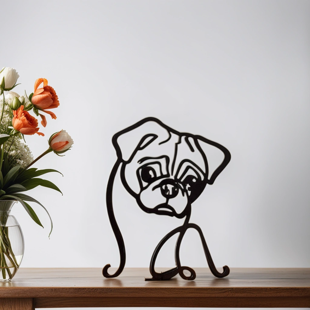 Metall-Wanddekoration Mops, schwarzes Drahtdesign, modernes Wohnzimmer-Dekor, Blumenarrangement.