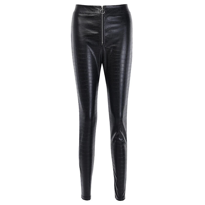 Schwarze Damenlederhose mit Krokodilmuster, Reißverschluss, modisch, elegant.