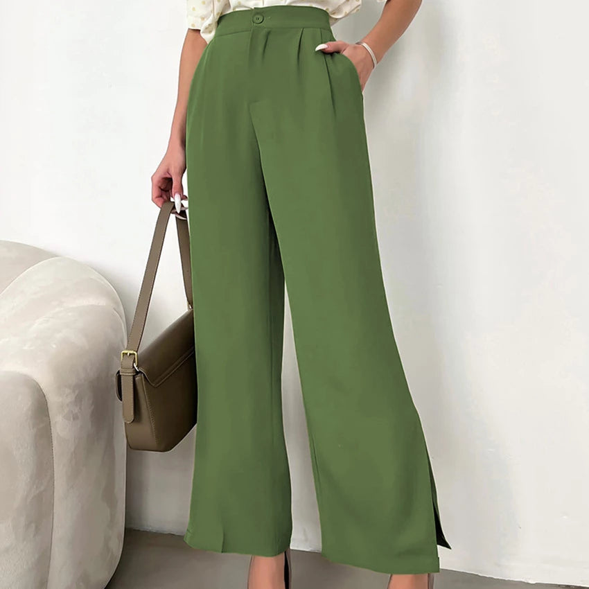 Grüne Damenhose mit weitem Bein, eleganter Stil, aus Stoff, ideal für Büro oder Freizeit.