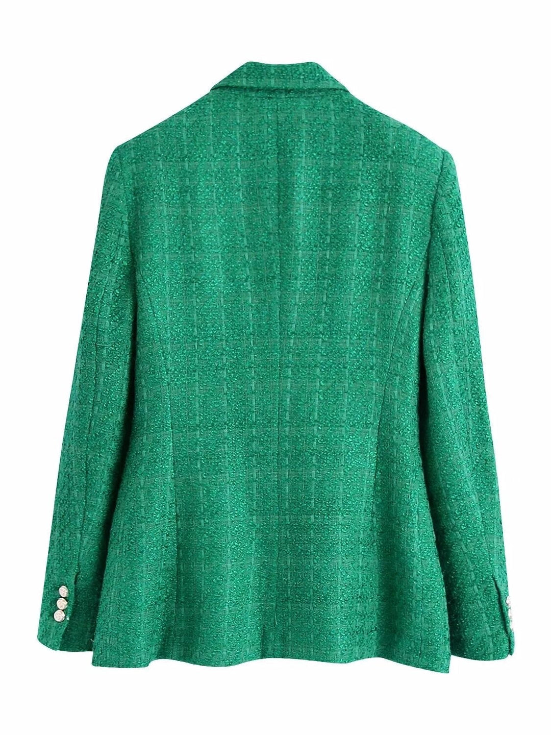Grüner Damenblazer mit doppelten Knöpfen, elegantes Design, Businessmode, Rückansicht.