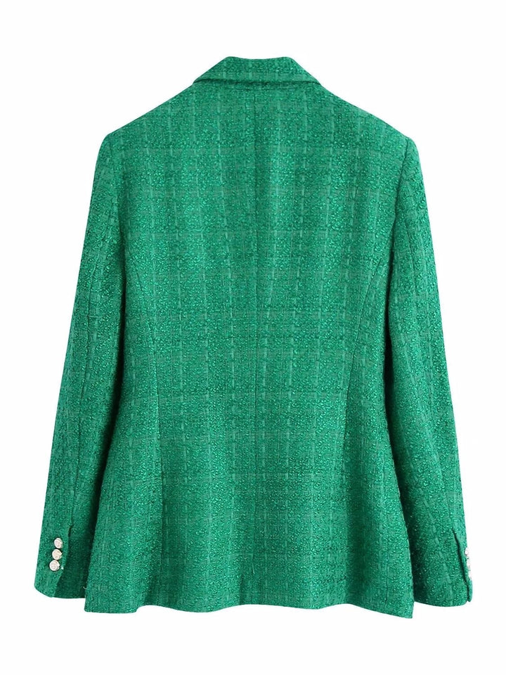 Grüner Damenblazer mit doppelten Knöpfen, elegantes Design, Businessmode, Rückansicht.