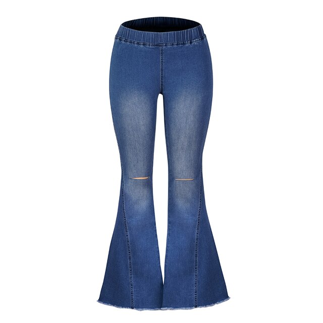 Blaue Vintage-Jeans mit Schlag, Damen, Knöpfe, elastischer Bund, modisch, bequem.