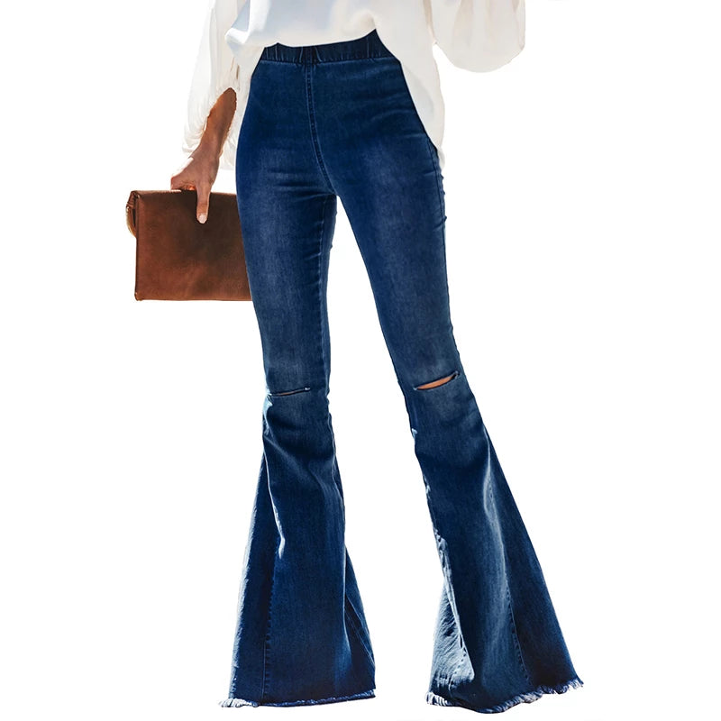 Damen Vintage Schlagjeans mit Knöpfen, dunkelblau, modisch, elastisch, hoher Bund.