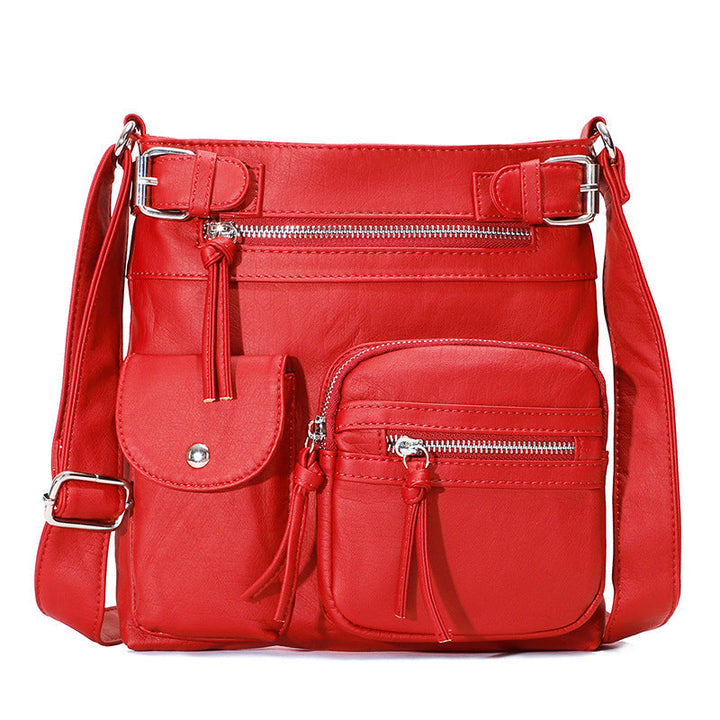 Rote multifunktionale Anti-Diebstahl-Tasche, modisch, mit Reißverschlüssen und Fächern.