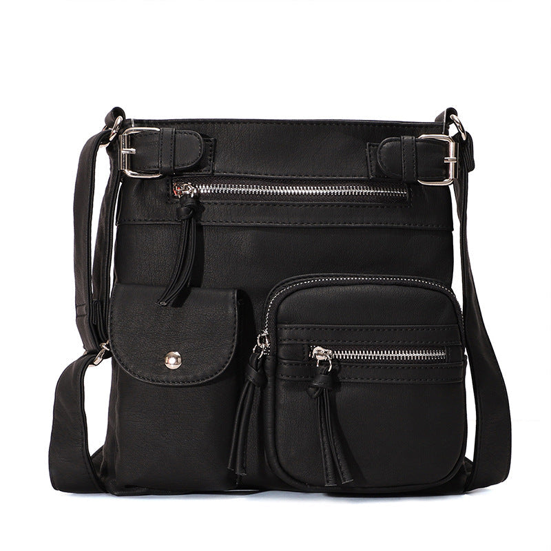 Schwarze multifunktionale Anti-Diebstahl-Tasche, modisch, mit Reißverschlüssen und Taschen.