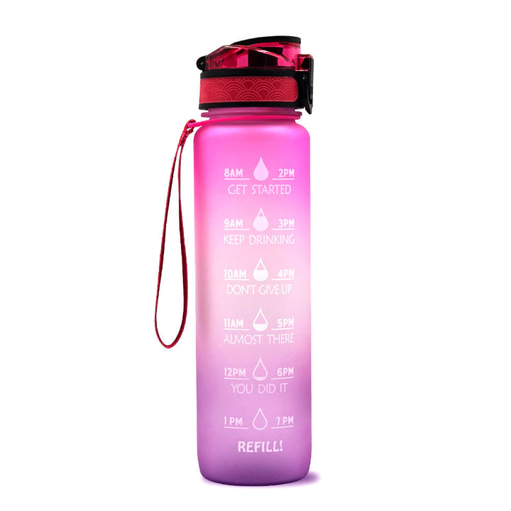 Rosa Wasserflasche mit Zeitmarkierungen und Strohhalm, Motivationsdesign, BPA-frei.