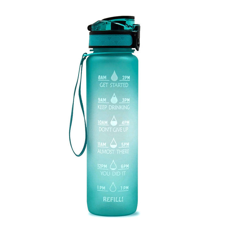 Türkise Trinkflasche mit Zeitmarkierungen und Strohhalm, motivierende Wasserflasche.