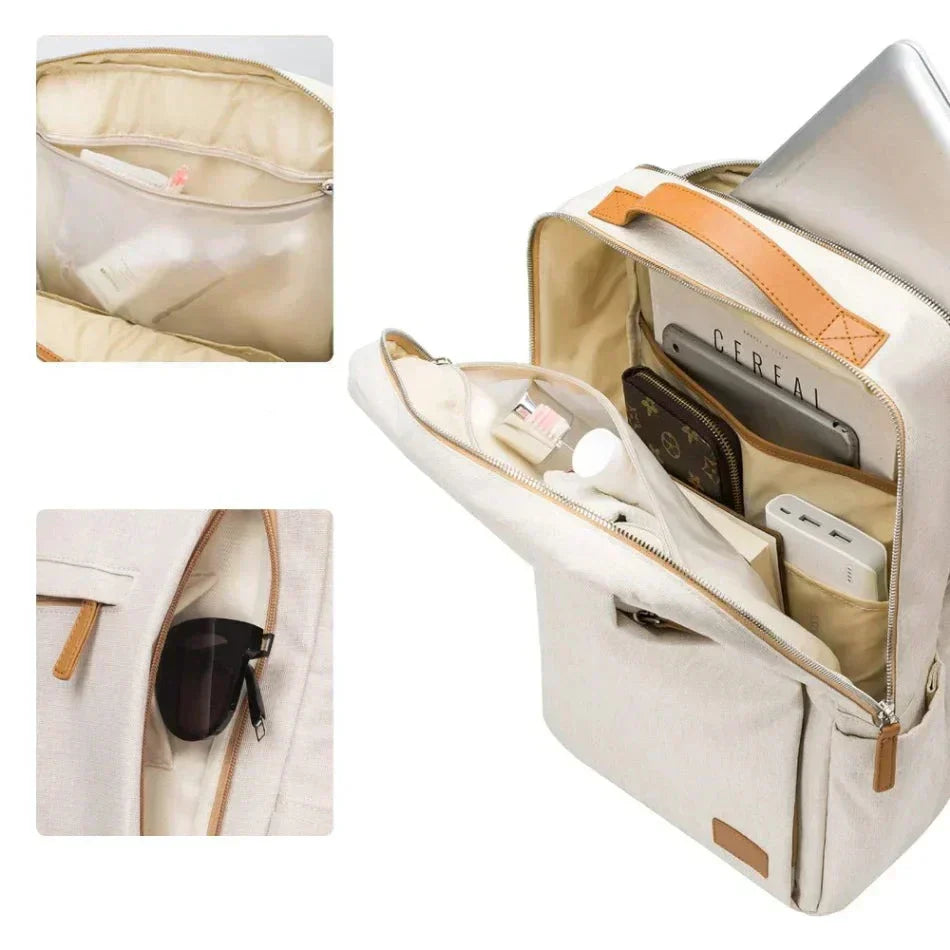 Beige Damen-Rucksack, multifunktional, USB-Anschluss, Laptopfach, leicht, Reisen.