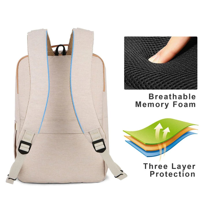 Beige Damen-Rucksack mit USB-Anschluss, atmungsaktivem Memory-Schaum, ideal für Reisen.
