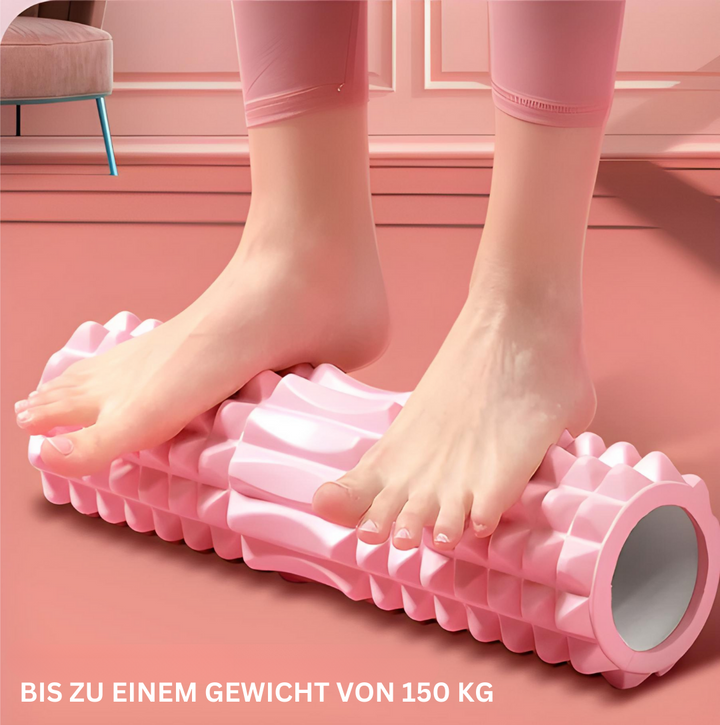 Rosa Schaumstoffrolle für Muskelentspannung, rutschfest, bis 150 kg belastbar.