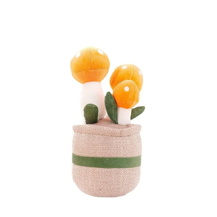 Orange Stoffpilz-Dekoration im Topf, handgefertigt, ideal für Kinderzimmer oder Wohnzimmer.