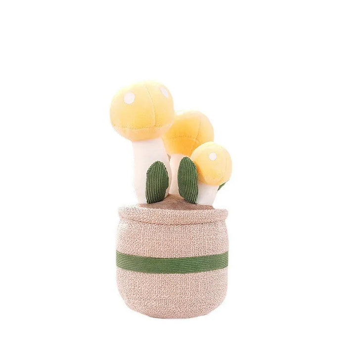 Gelber Plüschpilz im Topf, Dekoration, Kinderzimmer, weiches Spielzeug, Geschenkidee.